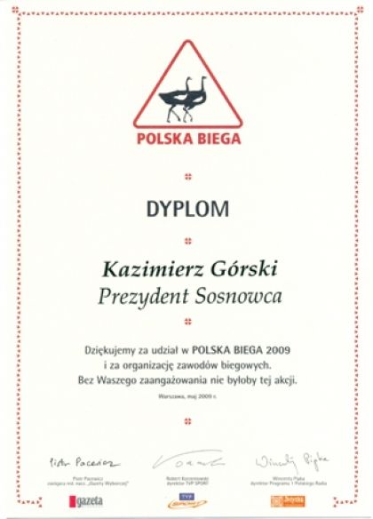 Podziękowanie za udział w akcji Polska Biega 2009